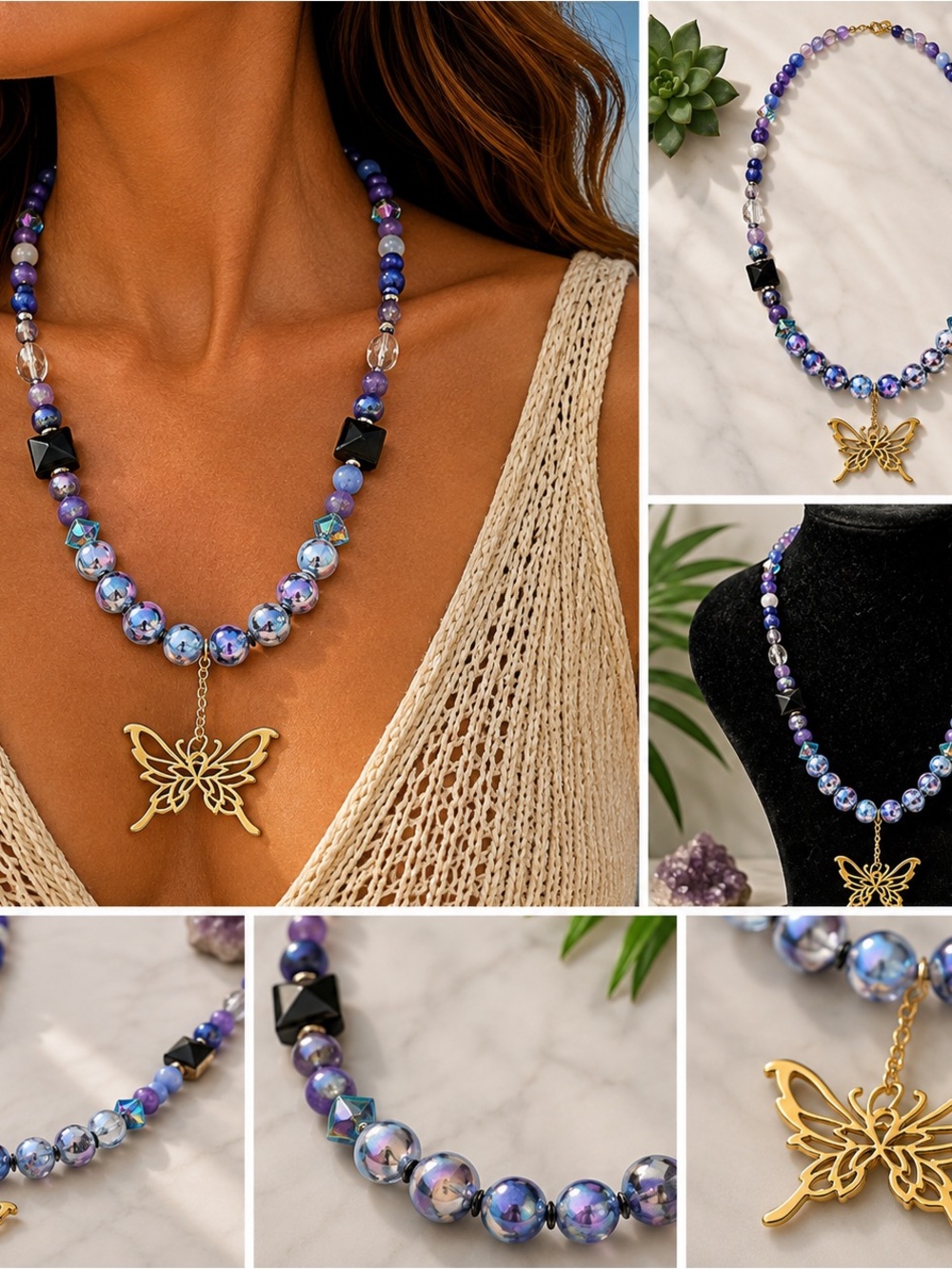 Gold Butterfly Pendant Beaded Necklace - Purple and  Blue Beads